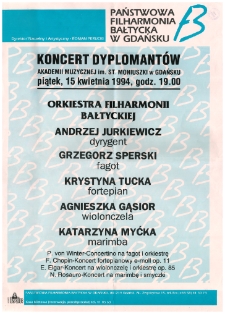 Koncert dyplomantów Akademii Muzycznej im. St. Moniuszki w Gdańsku : piątek, 15 kwietnia 1994, godz. 19.00