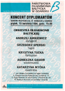 Koncert dyplomantów Akademii Muzycznej im. St. Moniuszki w Gdańsku : piątek, 15 kwietnia 1994, godz. 19.00