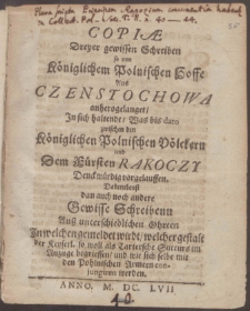 Copiæ Dreyer gewissen Schreiben so von Königlichem Polnischen Hoffe Aus Czenstochowa anherogelanget ...