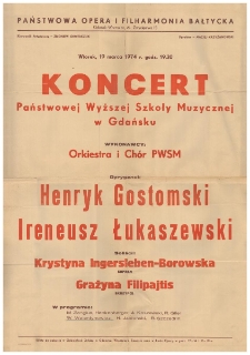 [Afisz] Wtorek, 19 marca 1974 r. godz. 19.30 : Koncert Państwowej Wyższej Szkoły Muzycznej w Gdańsku