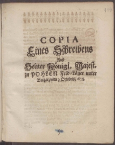 Copia Eines Schreibens Auß Seiner Königl. Majest. zu Pohlen Feld-Läger unter Buczacz vom 9. Octobris, 1675