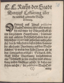 E. E. Raths der Stadt Dantzigk Erklärung über die newlich gedruckte Wacht-Ordnung