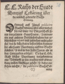 E. E. Raths der Stadt Dantzigk Erkl&auml;rung &uuml;ber die newlich gedruckte Wacht-Ordnung