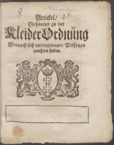 Artickel Geh&ouml;rend zu der Kleider Ordnung Wornach sich untengenante Personen zurichten haben