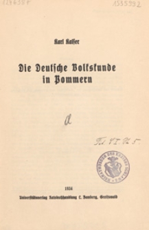 Die Deutsche Volkskunde in Pommern