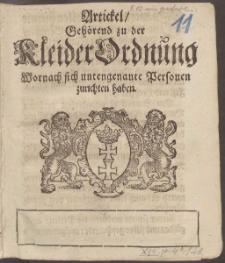 Artickel, Geh&ouml;rend zu der Kleider Ordnung Wornach sich untengenante Personen zurichten haben