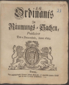 Ordinants In Räumungs-Sachen, Publiciret Den 1. Decembris, Anno 1689