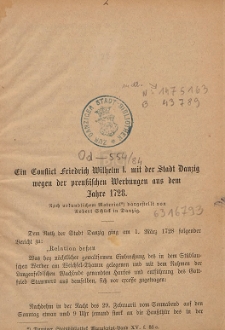 Ein Conflict Friedrich Wilhelm I. mit der Stadt Danzig wegen der preußischen Werbungen aus dem Jahre 1728