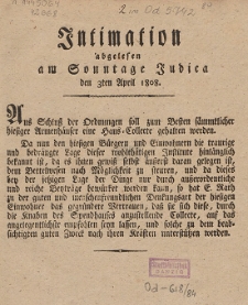 Intimation abgelesen am Sonntage Judica : den 3ten April 1808