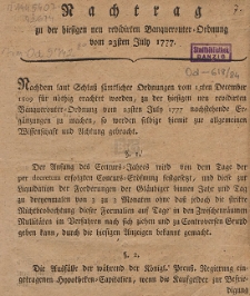 Nachtrag zu der hiesigen neu revidirten Banquerouter-Ordnung : vom 23sten July 1777