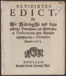 Revdirtes Edict, Für Die Nähringsche und dazu gehörige Vnterthanen und Einwohnere Publiciret allen Kantzlen daselbsten den 5. Decembr. Anno 1683