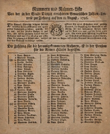 Nummern und Nahmen-Liste Von der in der Stadt Danzig errichteten Genuesischen Zahlen-Lotterie zur Ziehung auf den 18. August, 1786