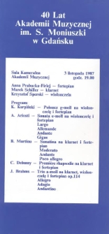 40 Lat Akademii Muzycznej im. S. Moniuszki w Gdańsku : Sala Kameralna Akademii Muzycznej : 3 listopada 1987 godz. 19.00