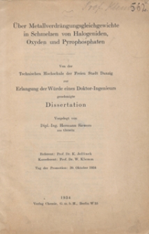 Über Metallverdrängungsgleichgewichte in Schmelzen von Halogeniden, Oxygen und Pyrophosphaten