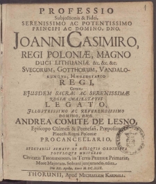 Professio Subjectionis & Fidei, Serenissimo Ac Potentissimo Principi Ac Domino