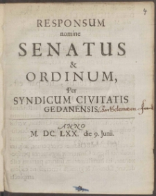 Responsum nomine Senatus & Ordinum Per Syndicum Civitatis Gedanensis