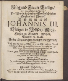 Klag- und Trauer-Predigt &uuml;ber den t&ouml;dtlichen Hintritt Des Durchl&auml;uchtigsten