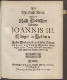 Ein Christlich Gebet, Welches Nach Tödlichem Abgang Joannis III