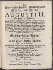 Des Allerdurchl&auml;uchtigsten Gro&szlig;m&auml;chtigsten F&uuml;rsten und Herrn Augusti II