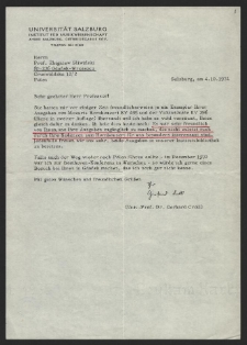 Gerhard Croll, Universit&auml;t Salzburg, w liście do prof. Zbigniewa Śliwińskiego