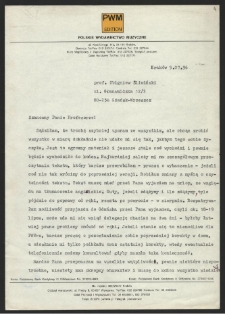 Dorota Leszczyńska-Zając, Polskie Wydawnictwo Muzyczne, w liście do prof. Zbigniewa Śliwińskiego