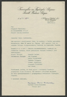 Dokumenty dot. działalności prof. Zbigniewa Śliwińskiego w Towarzystwie im. Fryderyka Chopina