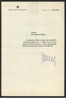 Dokument dot. działalności Zbigniewa Śliwińskiego w Radzie Wyższego Szkolnictwa Artystycznego