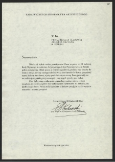 Dokument dot. działalności Zbigniewa Śliwińskiego w Radzie Wyższego Szkolnictwa Artystycznego