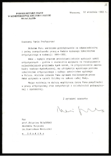 Dokument dot. działalności Zbigniewa Śliwińskiego w Radzie Wyższego Szkolnictwa Artystycznego
