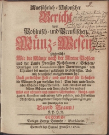 Ausf&uuml;hrlich-Historischer Bericht vom Pohlnisch- und Preussischen M&uuml;nz-Wesen