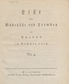 Liste der Badegaste und Fremden zu Putbus im Sommer 1818. Nro. 4