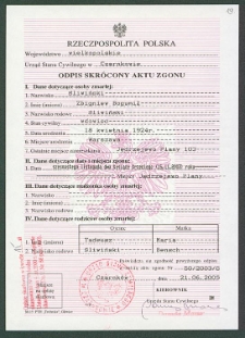 Odpis skr&oacute;cony aktu zgonu Zbigniewa Śliwińskiego