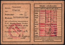 Legitymacja członkowska Zbigniewa Śliwińskiego, Towarzystwa Bratnia Pomoc Student&oacute;w Państwowej Wyższej Szkoły Muzycznej w Katowicach