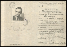 Dyplom ukończenia Państwowej Wyższej Szkoły Muzycznej w Katowicach przez Zbigniewa śliwińskiego - kserokopia dokumentu