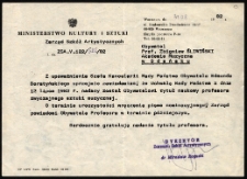 Zawiadomienie o nadaniu tytułu naukowego profesora zwyczajnego sztuki muzycznej Zbigniewowi Śliwińskiemu