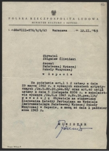 Dokument dot. powołania doc. Zbigniewa Śliwińskiego na stanowisko kierownika Katedry Fortepianu na Wydziale Instrumentalnym Państwowej Wyższej Szkoły Muzycznej w Sopocie