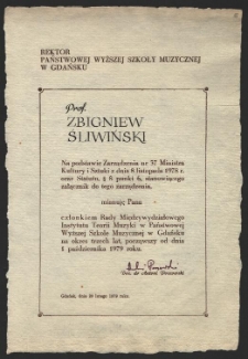 Mianowanie prof. Zbigniewa Śliwińskiego na członka Rady Międzywydziałowego Instytutu Teorii Muzyki w Państwowej Wyższej Szkole Muzycznej w Gdańsku