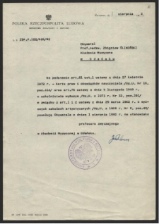 Powołanie prof. nadzw. Zbigniewa Śliwińskiego na stanowisko profesora zwyczajnego w Akademii Muzycznej w Gdańsku