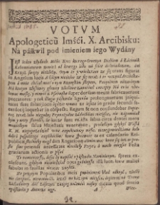 Votvm Apologeticum Imśći. X. Arcibiskupa Na paśkwil pod imieniem iego Wyd&aacute;ny