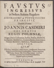 Favstvs Ingressvs in Sedem Auitam Regalem Domini Joannis Casimiri