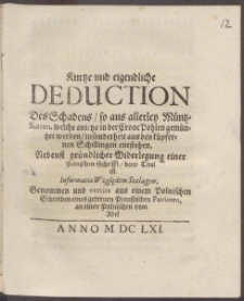 Kurtze und eigendliche Deduction Des Schadens so aus allerley M&uuml;ntz-Sorten