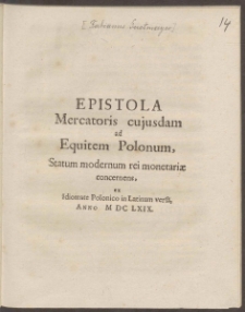 Epistola Mercatoris cujusdam ad Equitem Polonum