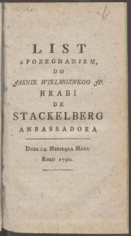 List z Pozegnaniem Do Jasnie Wielmoznego JP Hrabi De Stackelberg Ambassadora