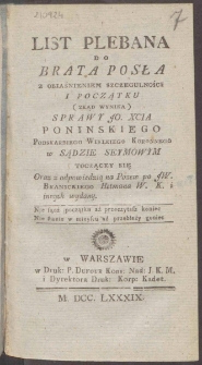 List Plebana Do Brata Posła Z Obiaśnieniem Szczegulności I Początku