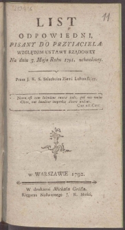 List Odpowiedni, Pisany Do Przyiaciela Względem Ustawy Rządowey