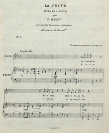 La juive = Żyd&oacute;wka : Romance de Rachel de l'opera : na sopran solo i fortepian / przekł. polski: Jan Chęciński