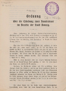 Ordnung über die Erhebung einer Hundesteuer im Bezirke der Stadt Danzig