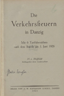 Die Verkehrsteuern in Danzig : Mit 6 Tarifübersichten nach dem Stande am 1. Juni 1926