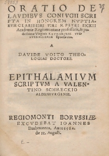 Oratio De Lavdibvs Conivgii Scripta In Honorem Nvptiarvm Clarissimi Viri M. Petri Sickii [...] & pudicissim&aelig; Virginis Katharinae Westermeierin Spons&aelig; eius