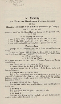 Nachtrag zum Statut der Bau-Innung (Zwangs-Innung) für das Maurer, Zimmerer- und Steinmetz-Handwerk zu Danzig : vom 28. Dezember 1898, genehmigt durch den Bezirksausschuß zu Danzig am 24. Januar 1898 [...]. 4